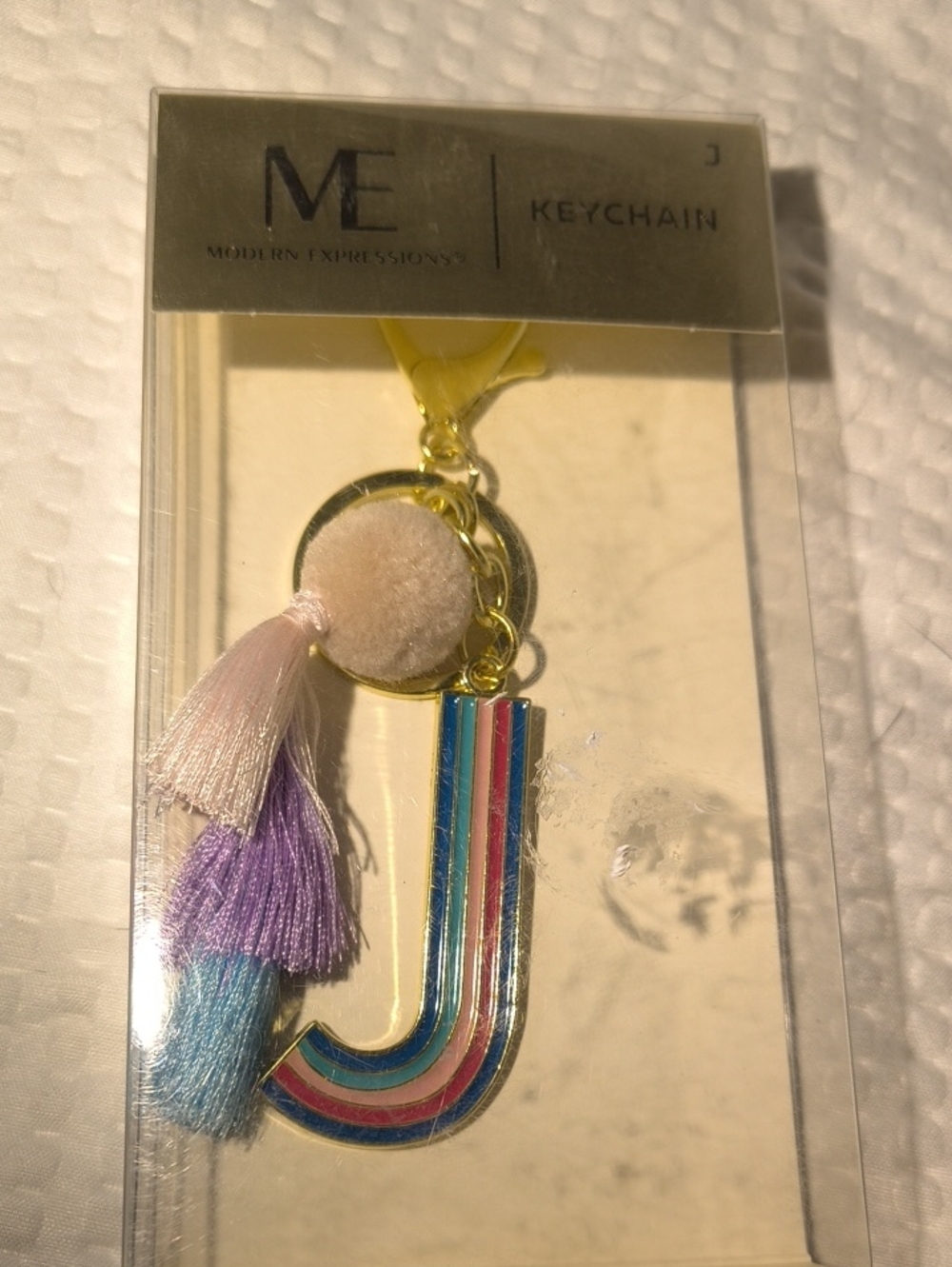Modern Expressions Gold Keychain with Pink Pom, Purple & Blue Tassels, Letter J